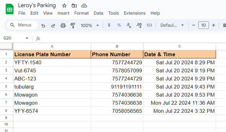 Google Sheets Parking Screenshot